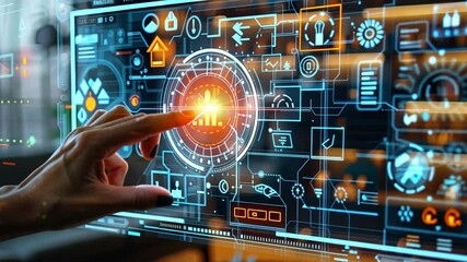 Leinwandbilder - In a contemporary office setting, an individual is touching a high-tech holographic interface, highlighting digital graphics and interactive elements that enhance productivity.