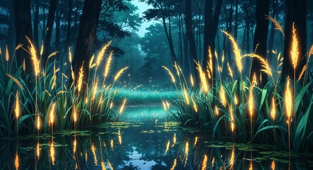 Wall Mural - Hyperdetailed glowing reeds amidst serene forest reflections on anime background