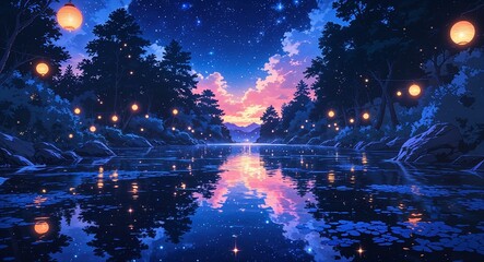 Wall Mural - Hyperdetailed starlit water reflections dreamlike on anime background