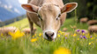 © Mind - close up of cow grazing in vibrant meadow filled with wildflowers