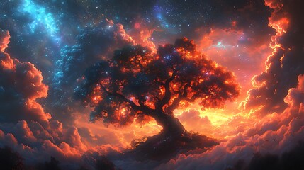 Wall Mural - Celestial Tree, fiery cloudscape, cosmic background, fantasy art