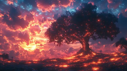 Wall Mural - Glowing tree sunset fantasy landscape, digital art