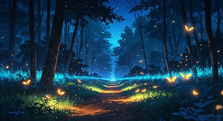 Wall Mural - Starlit forest path glowing softly fireflies around on anime background