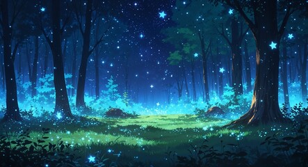 Wall Mural - Starlit magical forest clearing glowing dreamlike atmosphere on anime background