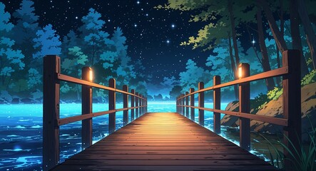 Wall Mural - Wooden pier near starlit forest glowing faintly on anime background