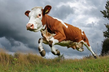 A brown and white cow runs freely in a green field