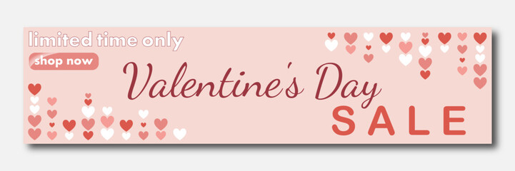 Wall Mural - Valentine's Day sale, template discount banner design with hanging multicolored rose hearts to promote purchases in the 14 february. modern vector illustration for website header, flyer, poster