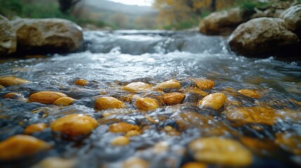 Wall Mural - A serene stream flowing through a rocky terrain, perfect for nature-inspired designs and concepts