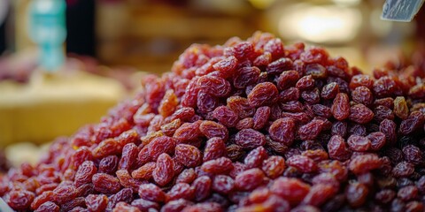 Canvas Print - A small pile of golden raisins sits on a wooden table, waiting to be used in a recipe