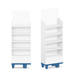 Five shelf side display with base mockup for sale point. Vector illustration on a white background. Can be use for template your design, promotion, advertising. EPS10.	