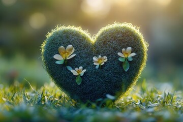 Wall Mural - A heart-shaped tuft of grass with colorful flowers, perfect for romantic or whimsical occasions