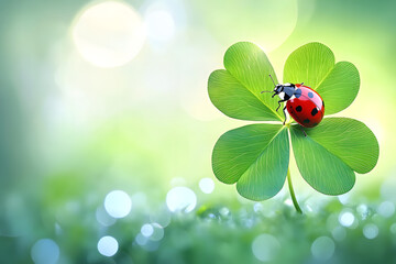 A ladybug perched on top of a rare four-leaf clover, ideal for illustrations and designs related to nature, good fortune, or whimsical themes