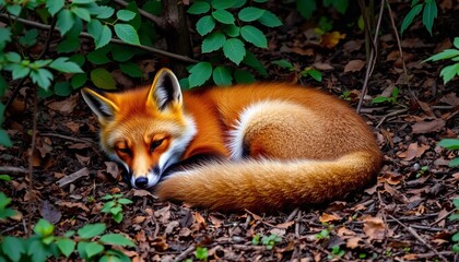 red fox sleeping peacefully in autumn leaves nature wildlife photography image fur tail cute calm br