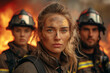 © PhotoProAD - A woman in a fireman's uniform stands in front of a fire