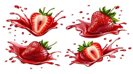 Wall Mural - Strawberries splashing in juice on white background, ideal for food and drink ads