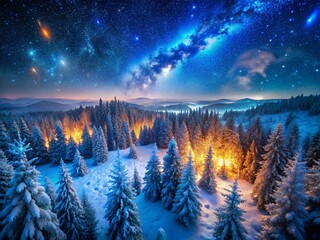 Wall Mural - Abstract Winter Night Sky: Cosmic Blue Starry Background Drone Photography
