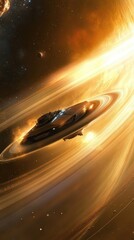 Wall Mural - spaceship navigating golden planetary rings in space