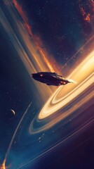 Wall Mural - spaceship navigating a celestial ring system in space