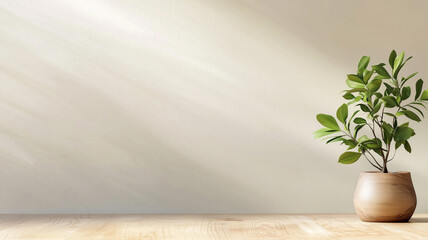 Poster - Minimal wooden table with potted plant and soft light
