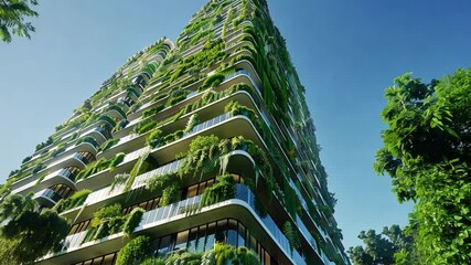 Poster - Tall eco-house reaches towards a clear blue sky, covered in lush greenery. It showcases sustainable architecture that blends with nature in a busy urban environment.
