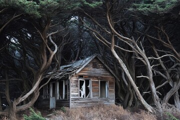 Poster - A cozy small wooden cabin surrounded by tall trees in a natural environment