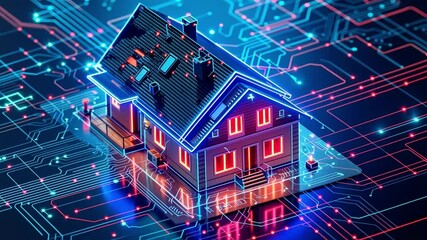 Poster - This artwork features a digital representation of a house set against a backdrop of vibrant circuitry