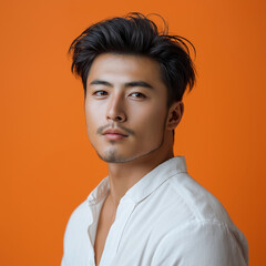 Wall Mural - Handsome Asian man Turn sideways for skin care and cosmetics concept White shirt on orange background