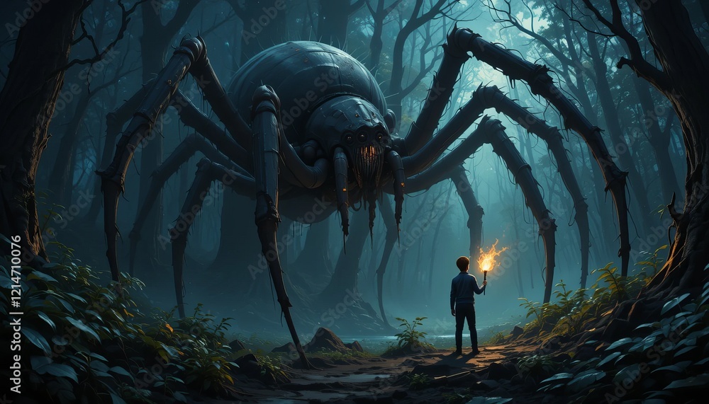 Dark fantasy concept showing the boy with a torch facing giant spider ...