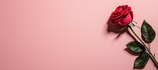 Wall Mural - Rose in minimal Valentine's day background. A red rose against a soft pink background.