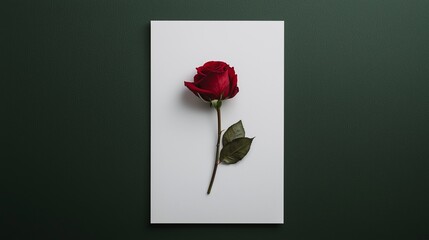 Wall Mural - Rose in minimal Valentine's day background. A red rose placed on a white canvas against a green background.