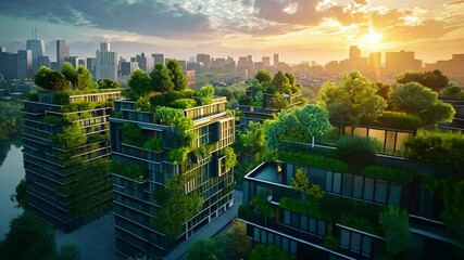 Aufkleber - This vibrant city skyline features eco houses with lush greenery on rooftops, showcasing sustainable living. The sunset casts a warm glow, enhancing the futuristic architecture.