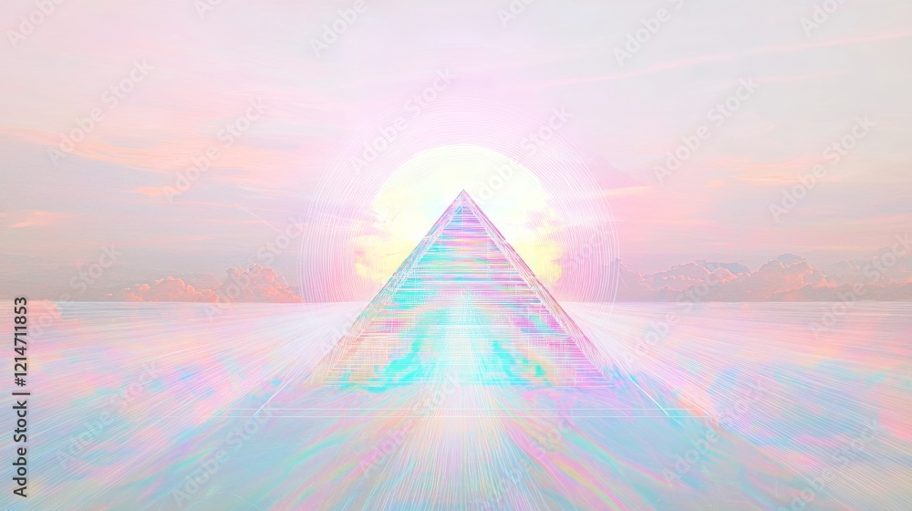 Retro Futuristic Vaporwave Landscape: Giant Pastel Sun and Wireframe Pyramid with VHS Glitch Effect