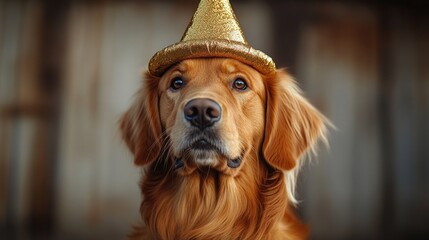 Wall Mural - A happy golden retriever dog wearing a gold party hat, suitable for holiday and celebration scenes