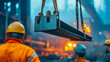 © thanakrit - Workers in Safety Gear Overseeing Heavy Steel Beam Lift in Industrial Setting