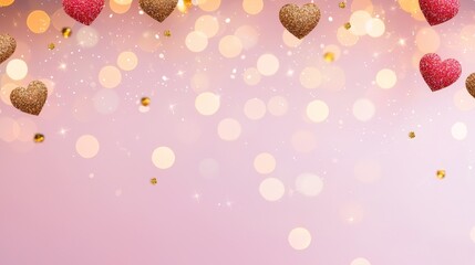 Wall Mural - Valentine's day background sparkle minimal. Colorful hearts and soft bokeh on a pink background, ideal for romantic themes.