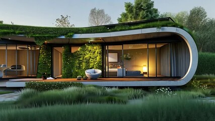 Poster - This eco-friendly house features innovative design elements with natural greenery integrated into its structure.