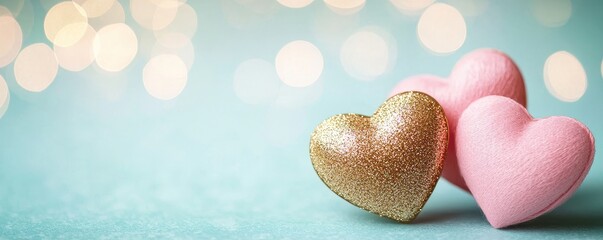 Wall Mural - Valentine's day background sparkle minimal. Colorful heart-shaped decorations on a soft background with bokeh effect.