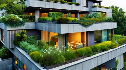 Poster - An innovative eco house features lush green terraces and urban gardens, integrating sustainable living with modern design. Solar panels enhance its eco-friendly appeal.