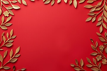 Wall Mural - Chinese new year background red and gold minimal. Decorative gold leaves on a vibrant red background.