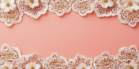 Wall Mural - Sparkle floral Valentine's day background. Delicate lace frame with floral accents on a soft pink background.