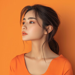 Wall Mural - Beauty Asian woman Turn sideways for skin care and cosmetics concept orange background