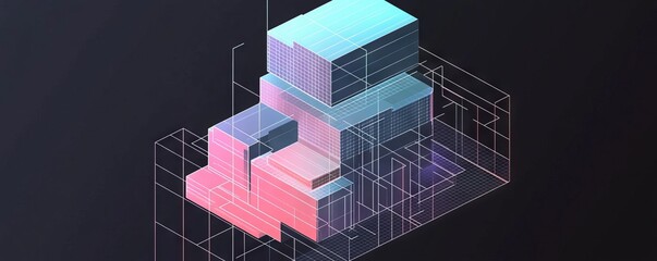 Wall Mural - A building made of blocks with a pink, blue and purple color scheme