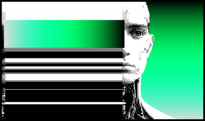 Aufkleber - Glitched and decomposted pixelated human face on a green background. Futuristic neo-brutalist vector illustration on the theme of cyber technology and identity.