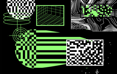 Aufkleber - Geometric distress aesthetics in abstract pattern design. Brutalism inspired vector graphics collage made with simple geometric shapes and grunge texture, useful for poster art and digital prints.