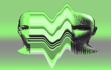 Aufkleber - Glitched and decomposted pixelated human face on a green background. Futuristic neo-brutalist vector illustration on the theme of cyber technology and identity.