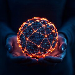 Wall Mural - Ai ecosystem management concept. Glowing geometric sphere held in hands against a dark background.