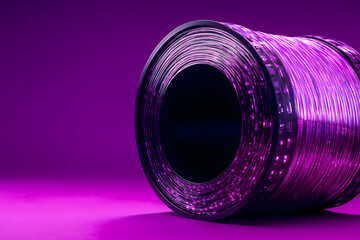 Wall Mural - an image featuring a roll of fiber optic cable positioned against the backdrop of a data center purp