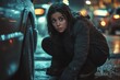 © Xchip - A woman crouches next to a parked car, examining a tire on a rainy night in the city. Wet streets reflect the colorful lights of approaching vehicles, creating a dramatic atmosphere