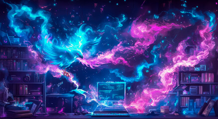 Enchanted Coding Session: A Digital Phoenix and Neon Clouds Embrace a Programmer's Desk