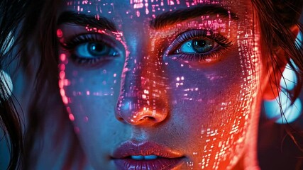 Aufkleber - A young woman displays intricate light patterns on her face, illuminated by vibrant colors in a dimly lit environment, showcasing a blend of technology and art.